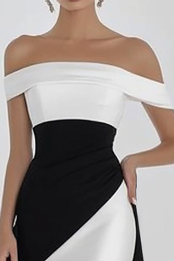 Black White Mermaid Off the Shoulder Long Satin Formal Dress